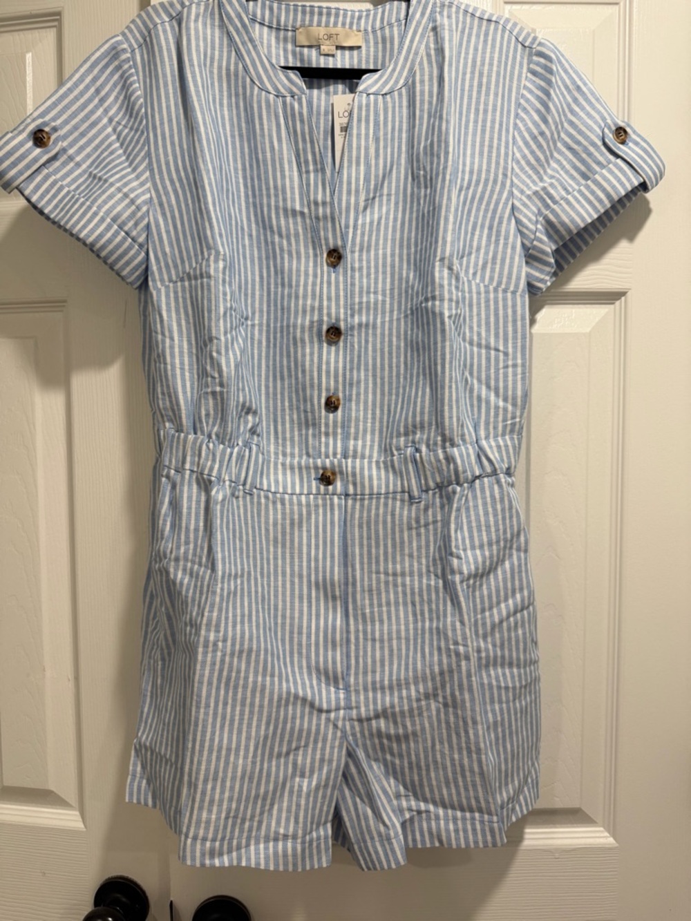 LOFT Light Blue and White Striped Romper